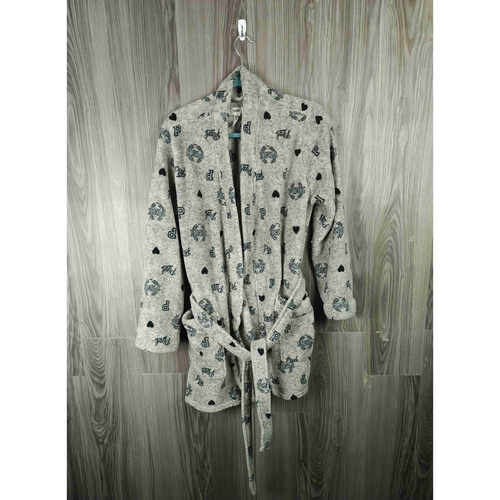 Victoria's Secret Pink Sherpa Graphic Print Grey Hooded Tie Waist Robe Medium